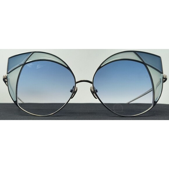 Linda Farrow 856 C7 Oversized Cat Eye Sunglasses Silver And Blue Titanium Frame - Picture 1 of 9
